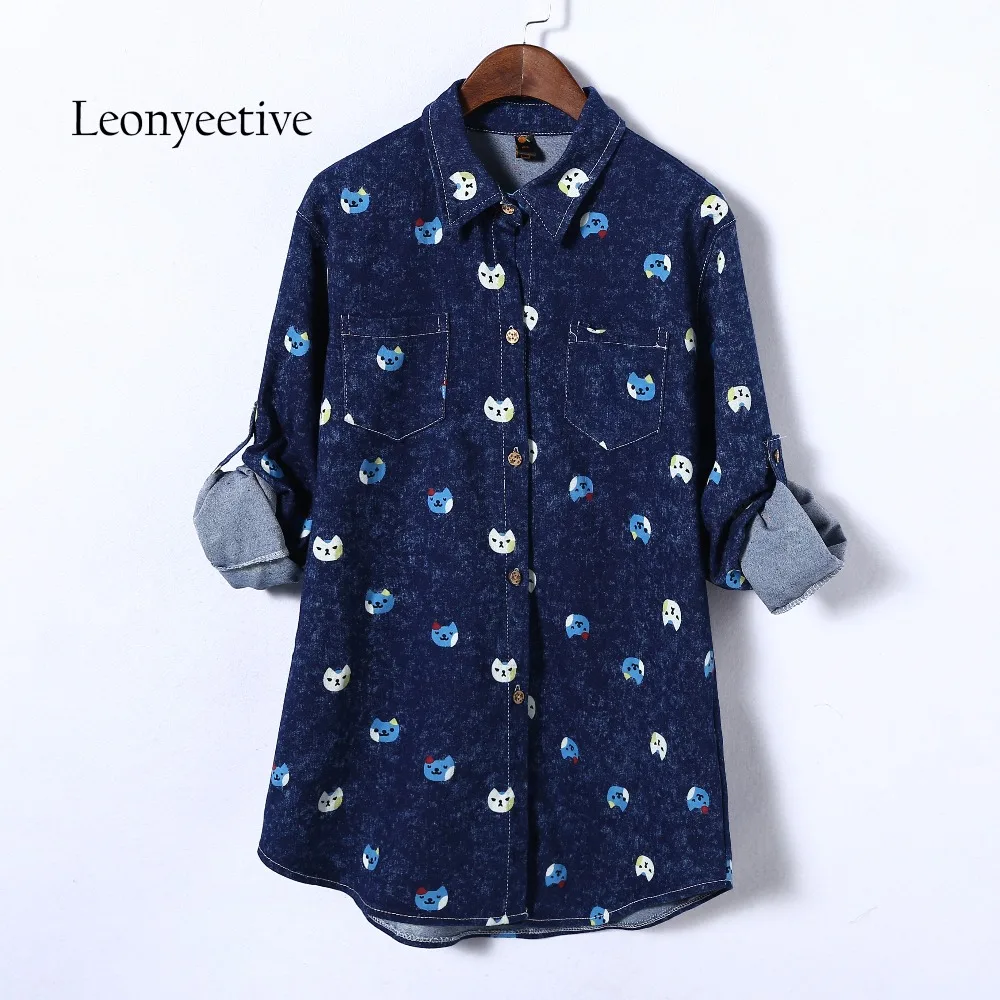 

oversize 2017 summer autumn big size Women long Shirt Cotton cat Blouses Style Clothing Full Sleeve Ladies Shirts plus size