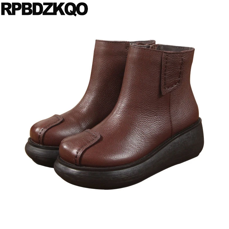 

Genuine Leather Ankle Booties Fall Brand Women Winter Boots Handmade Round Toe Shoes Brown Autumn Platform Creepers Elevator