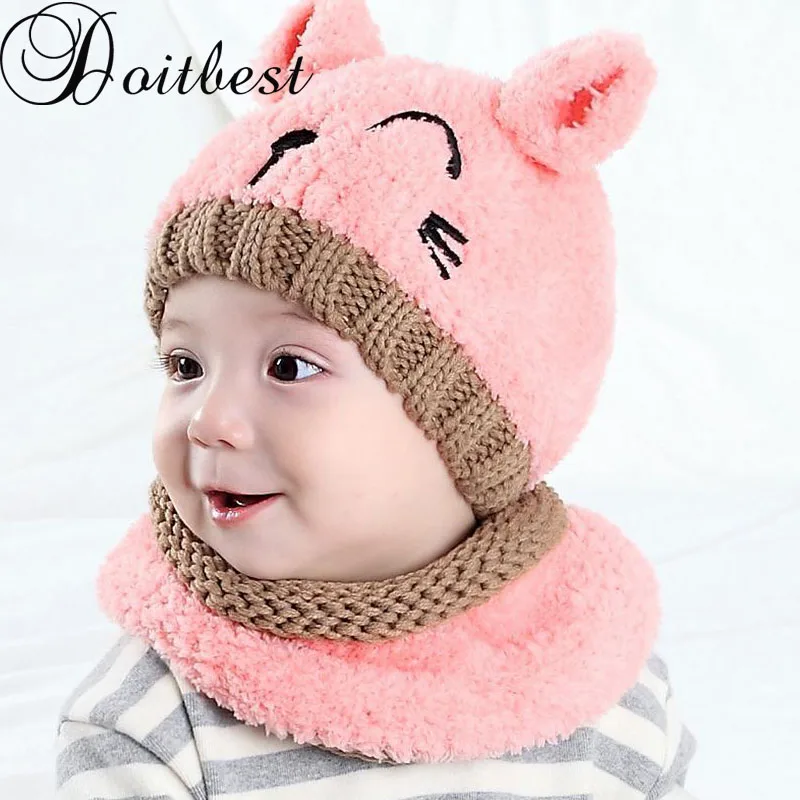 Doitbest 6 месяцев до 3 лет Детские вязаные шапки Корея два уши Медвежонок мальчики вязаные шапки зима 2 шт. меха для маленьких девочек шарф hat