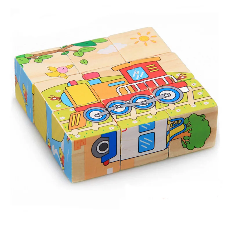 Деревянные Мультяшные игрушки-головоломки с животными, 6 сторон, головоломки с мудростью, Обучающие Игрушки для раннего образования, детские игры, 9 шт., одиночные 3D головоломки - Цвет: Traffic tools