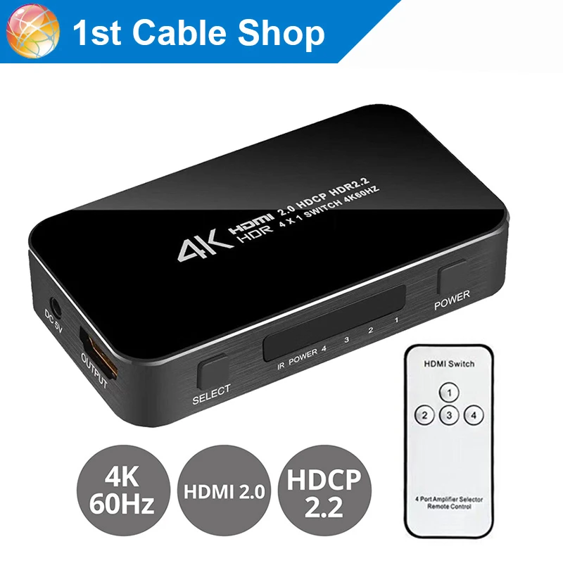 

New 4K HDMI 2.0 Switcher Switch Splitter 4 in 1 out 4KX2K/60HZ HDCP 2.2 remote control for PS4 pro Blue ray DVD,Xbox