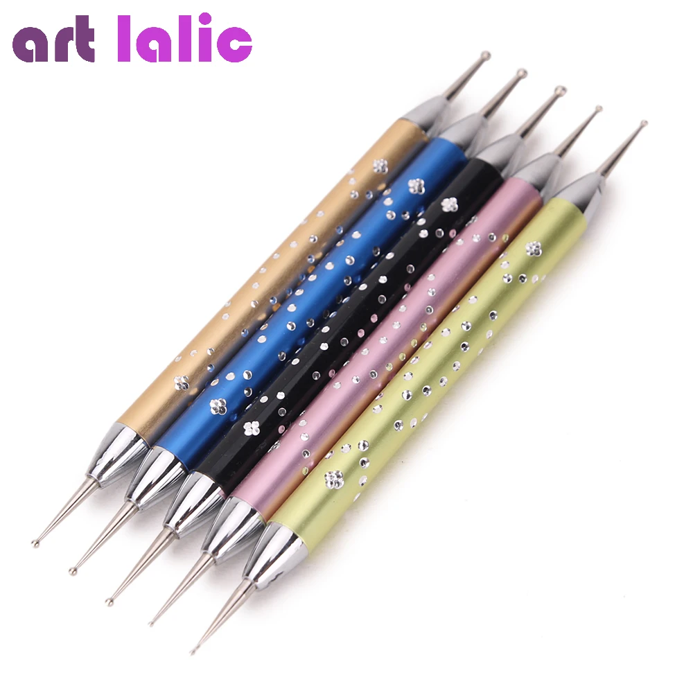 Nail Art Rhinestone Dotting Pen Dual-ended Metal Gems Picker Marbleizing Nail Tips Design Tool 5Pcs