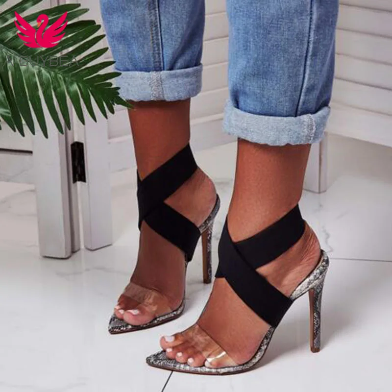 

A-BUYBEA High Quqlity Women Sandals New Open Toe Sexy High Heels Summer Ladies Party Stretch Fabric Sandal Snake pattern Shoes
