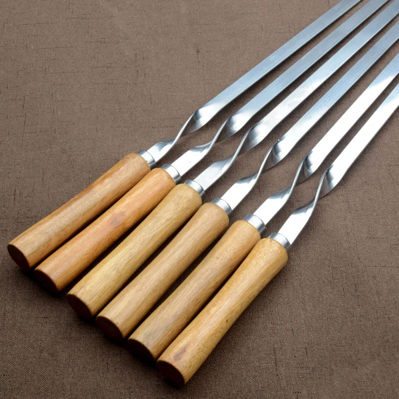 21.56" 55cm Stainless Steel BBQ Skewers Wooden Handle BBQ Fork Shish Kebab Barbecue Grill Long Flat Meat Skewers Set 6/10/12pcs