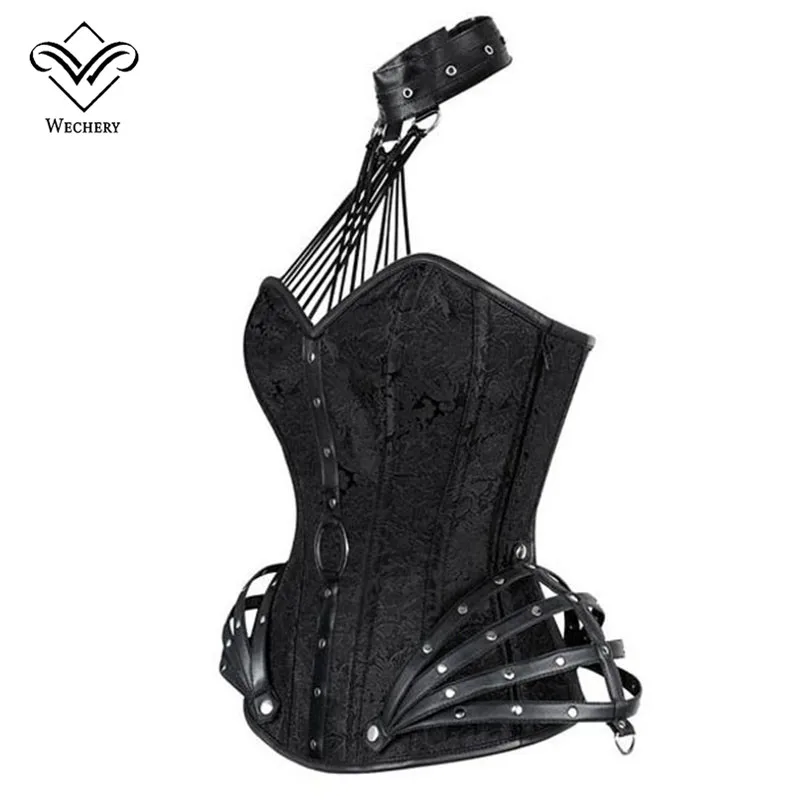 Wechery Steampunk Corset Gothic Clothing Sexy Faux leather Halter Steel Boned Zip Corsets And Bustiers Modeling Strap Newest