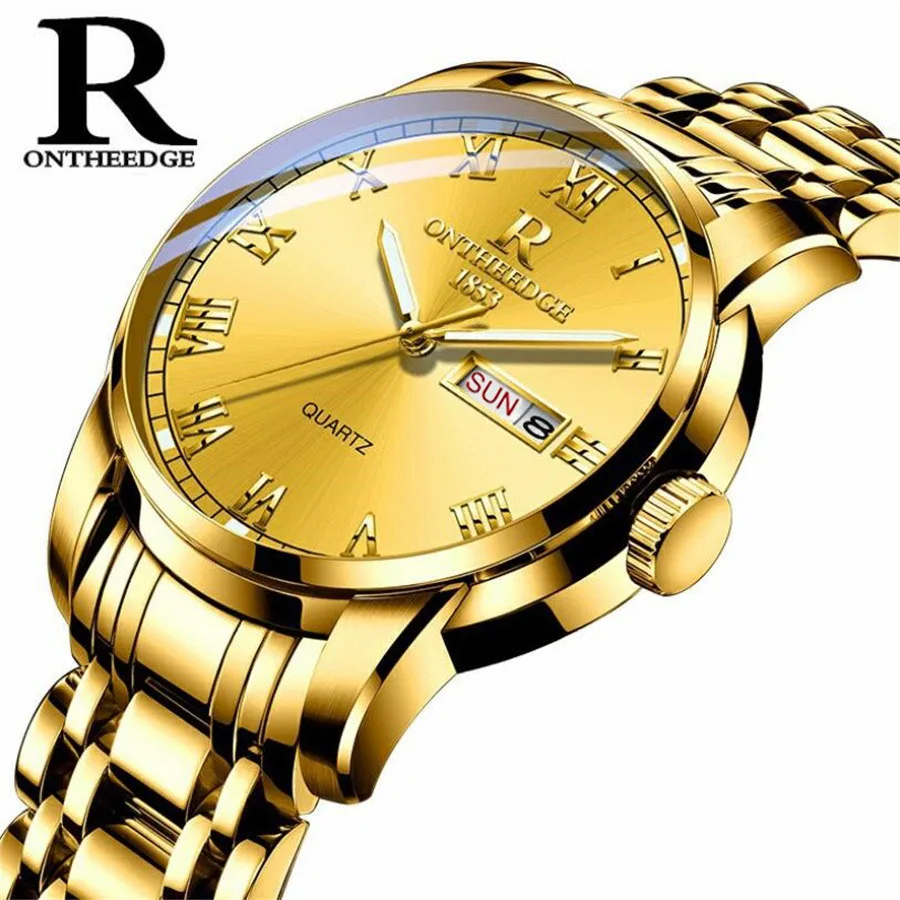 Men Gold Часы для мужчин и женщин, деловые водонепроницаемые часы с автоматической датой, серебристые стальные мужские часы, модные повседневные женские кварцевые наручные часы, Новинка - Цвет: Men Gold