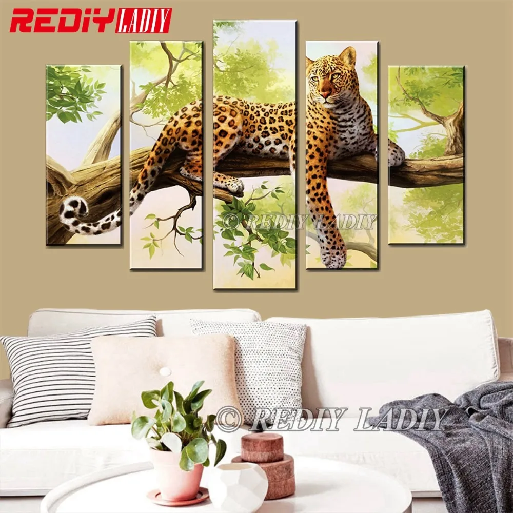 

REDIY LADIY Diamond Embroidery Triptych Diamond Painting Cross Stitch 5 Panels Wall Art Big Cats Leopard Mosaic Modular Picture