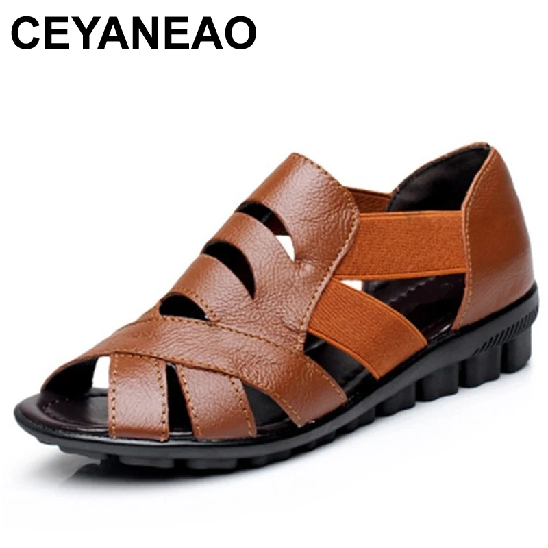 

CEYANEAONew Mother Sandals Summer leather Flat elderly Woman shoes hollow fish mouth soft breathable Women PlusSizeSandalsE1691