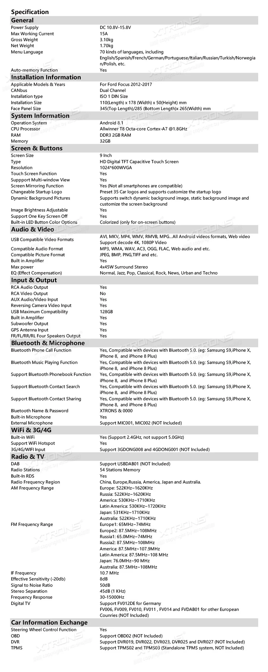 Sale XTRONS 9" Android 8.1 Octa Core 2GB RAM 32GB ROM Car Multimedia Player GPS navigation for Ford focus 2012-2017 TPMS DAB No DVD 27