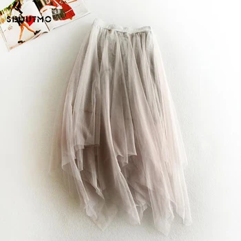 

SEDUTMO 2018 Summer Tulle Skirts Women Pleated High Waist Skirt Asymmetrical Elastic Vintage Midi Tutu Ball Gown Skirt ED303