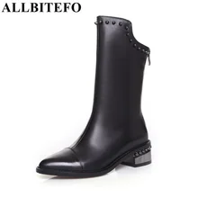 ALLBITEFO new arrive genuine leather pu thick heel women boots fashion rivets high heels winter snow