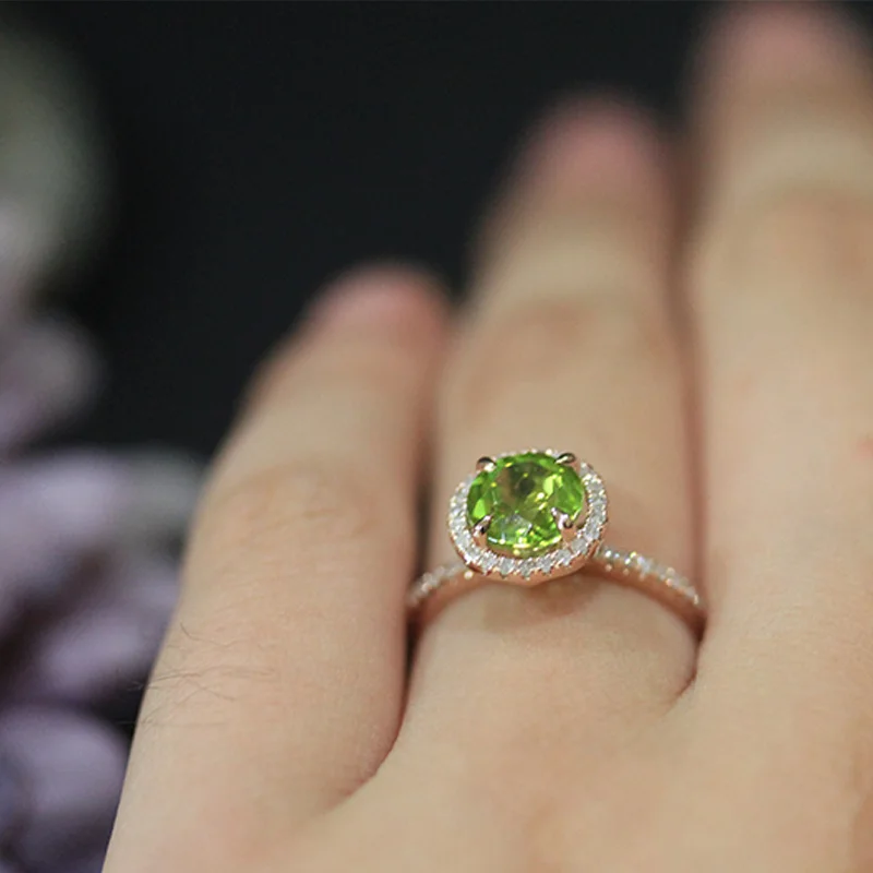 Дюпюи женщины Перидот обручальное кольцо 7 мм 1.1ct круглой огранки обручальные кольца 14 К розовое золото классический элегантное кольцо с бриллиантом d180320