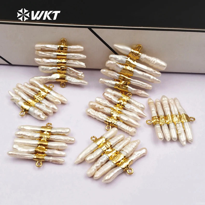 WT-JP039 Wholesale Tiny Stick Natural Freshwater Pearl Connector Charm Accessory With Gold Electroplated for Jewelry