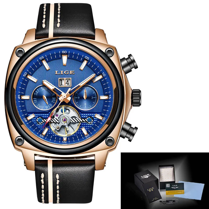 LIGE мужские часы Tourbillon модные роскошные спортивные механические часы Классические Мужские автоматические механические наручные часы Reloj Hombre - Цвет: Rose gold blue