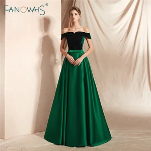Elegant Dark Green Evening Dresses Long Off The Shoulder A-Line Velvet Top Satin Prom Dresses