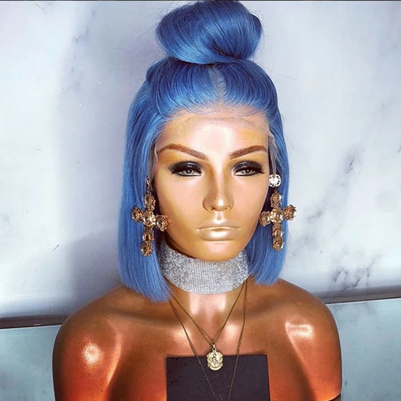 

14 Inches Front Lace Blue Short Straight Hair Synthetic Lace Wig Short Wig Synthetic Heat Resistant Natural Hairline For Women