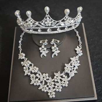 

Crystal Jewelry Set Bridal Accessories New Wedding Pearl Rhinestone Crown Tiaras Necklace Earrings Silver Plated Shiny SJT00560