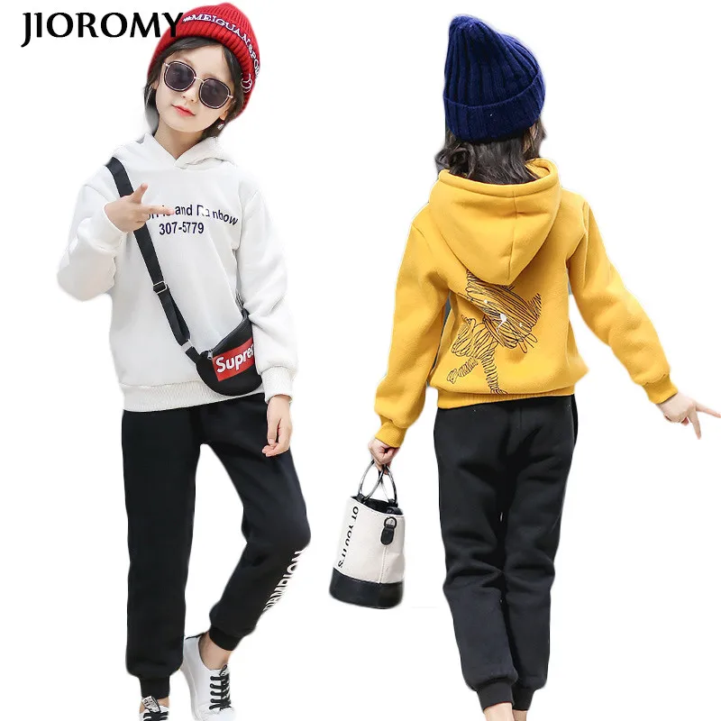

JIOROMY 2019 Girls Clothing Sets Winter Thick Warm Hooded Printing Letter Long Sleeve Suits for Large Girls Children Clothing