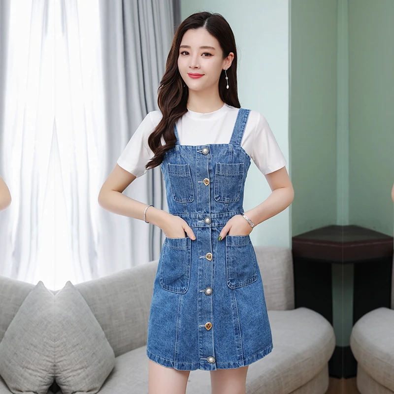 

2019 Summer Autumn Women Strap Denim Dress Sundress Overalls Dress Vintage Blue Button Bodycon Female Jeans Dress Plus Size 3XL