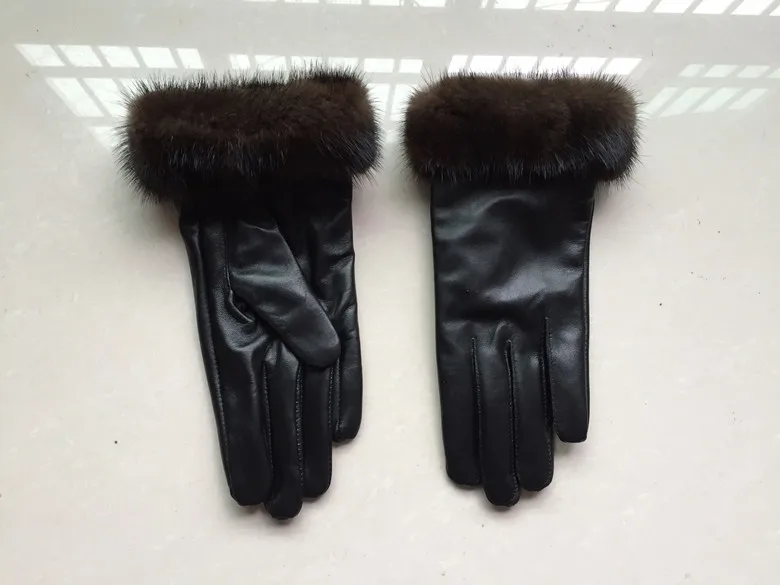 Зимние теплые однотонные Guantes высокое качество овчины черный натуральная кожа перчатки для женщин наручные норки мех Luvas