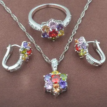 

Spakling Multicolor Zircon Women's Silver Color Jewelry Sets Christmas Gift Necklace Pendant Earrings Ring TZ0498