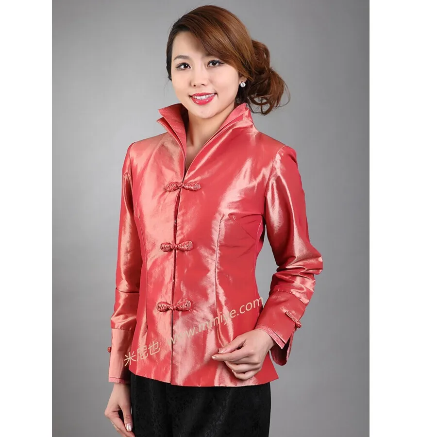 Free Shipping Red Female Silk Satin Jacket Classic Turn down Collar Coat Long Sleeve Outwear