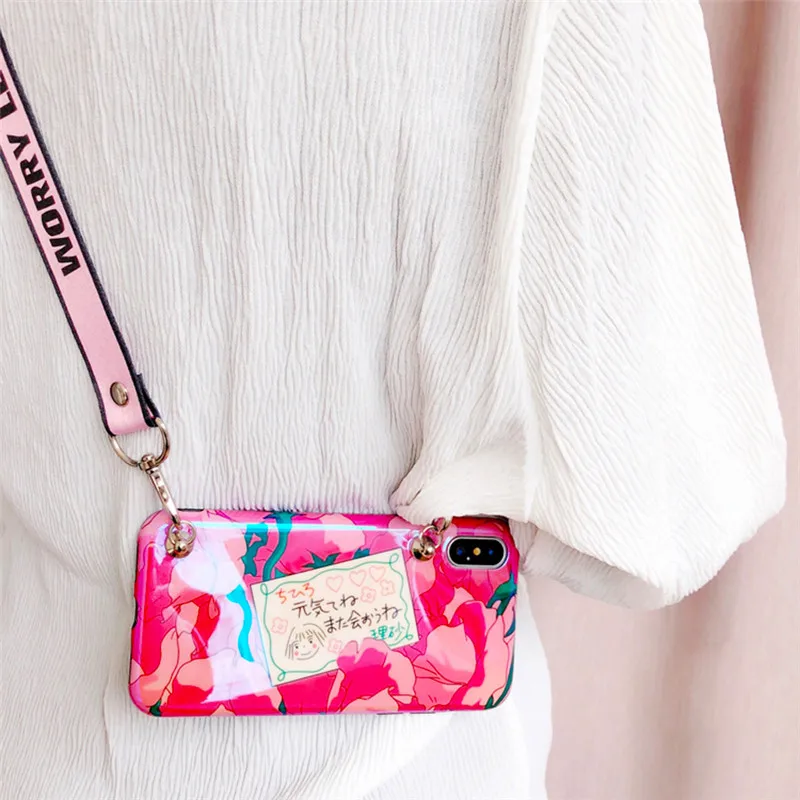 

flower strap tpu case for iphone 7 8 6 6S plus XR X XS MAX case cover blue ray shoulder lanyard soft silicon phone bag capa
