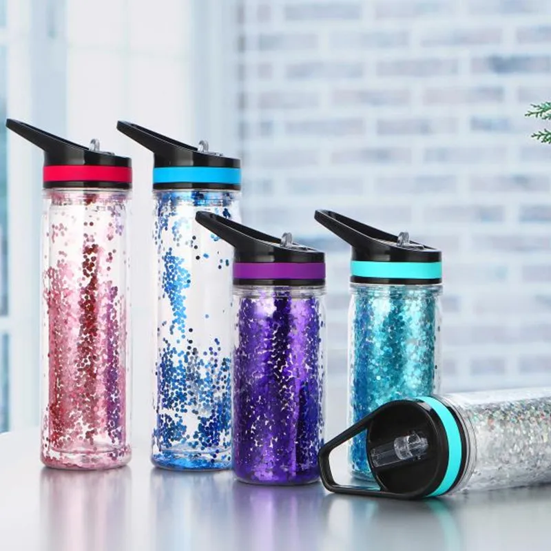

350ml Double Wall Tritan My Water Straw Bottle Sequins Gold Stardust Sports Outdoor Kettle With Portable Handle Folding Nozzle