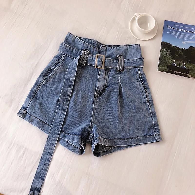 

New Summer Fashion Elastic High Waist Denim Shorts Women Casual Sashes Wide Legs Shorts Slim Loose All-Match Shorts Famale 2019