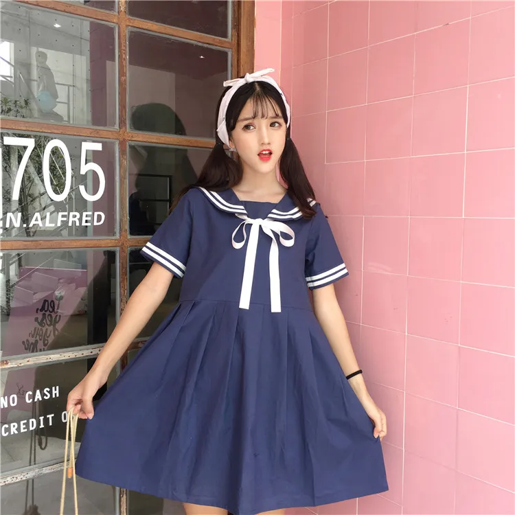 

Sweet Japan Mori Girl Kawaii lolita Dress Summer Women Short Sleeve Sailor Collar Cotton Dresses Navy blue,White Vestidos