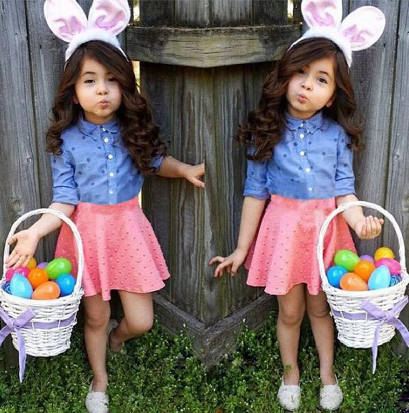 Baby Girls Clothing Sets Children Long Sleeve Dot Shirt blue +Pink Skirt boutique clothing toddler outfits kids clothes DY126C