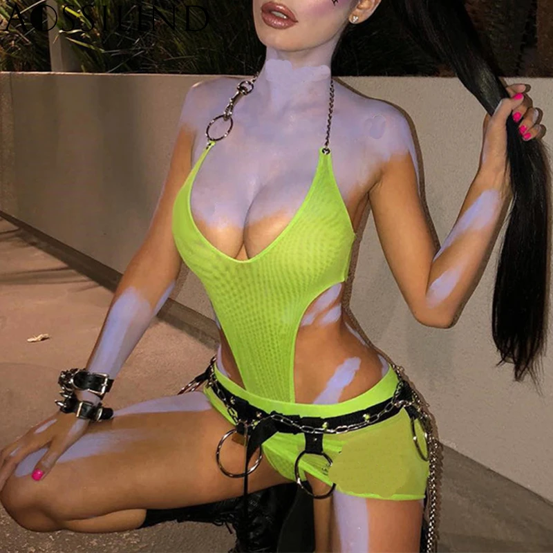 

AOSSILIND Metal Chain Halter See Through Mesh Sexy Bodysuit Women 2019 Summer Sleeveless Rompers Backless Night Club Bodysuits