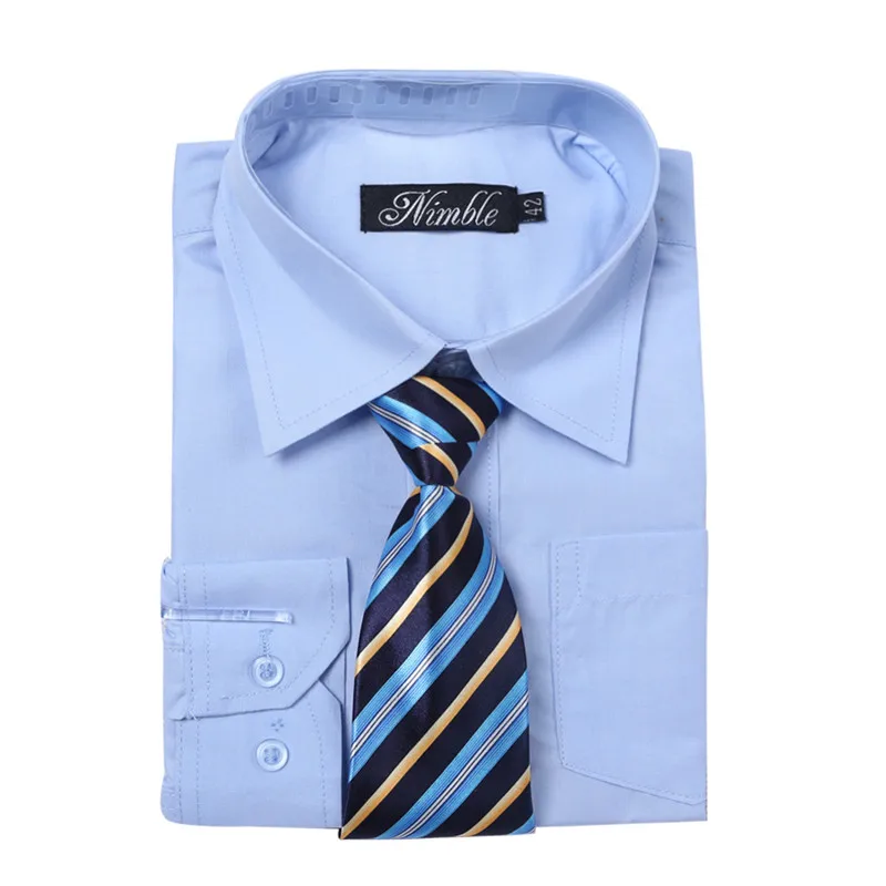 Лидер продаж формальные костюмы для мальчиков Чистые четыре цвета полиэстер рубашка для мальчика+ 1 бесплатный галстук который подходит к костюму для свадьбы празднования дня рождения - Цвет: blue boy shirt