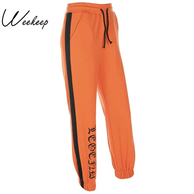 

Weekeep 2017 Women Winter Letter Print Pencil Pants Black Ribbon Side Casual Drawstring Loose Orange Trousers Femme Pantalon