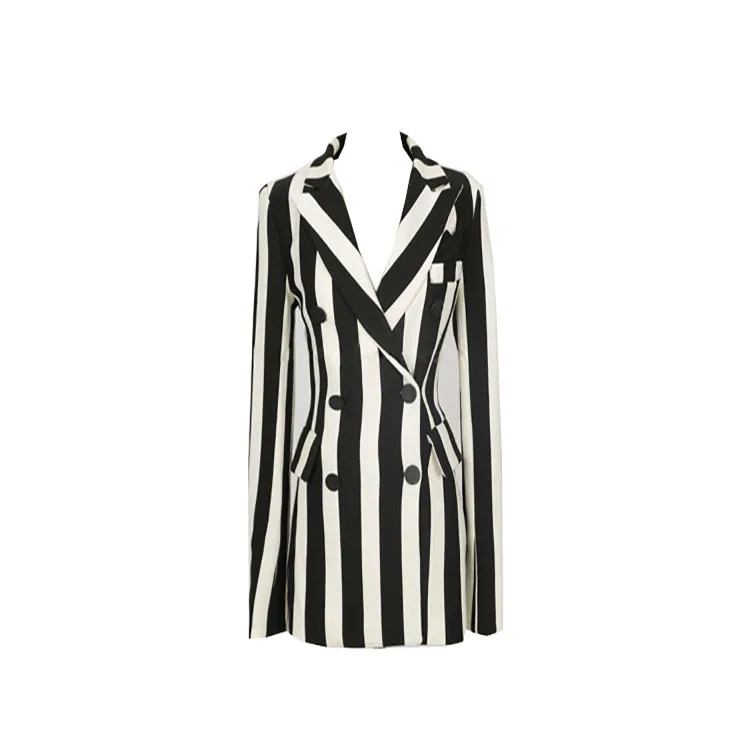 Women's Slimming Black and White Striped Fashion Suit: Long Coat and Pants Set for Professional Wear image 4