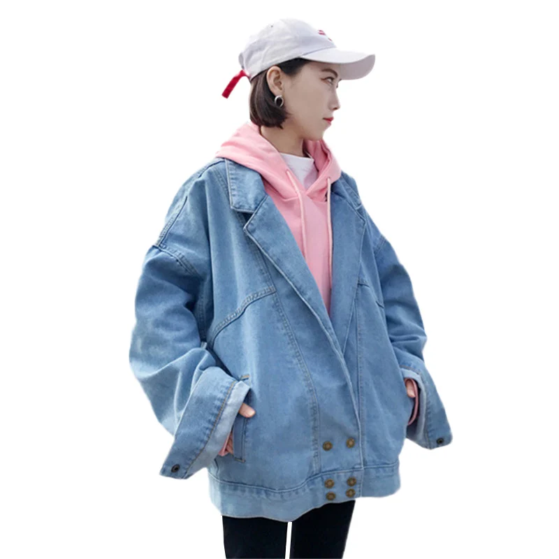 

Spring Women Large size Denim Jacket Autumn Loose Solid color Double-breasted Denim Outerwear Long-sleeved Denim Coat JIA131