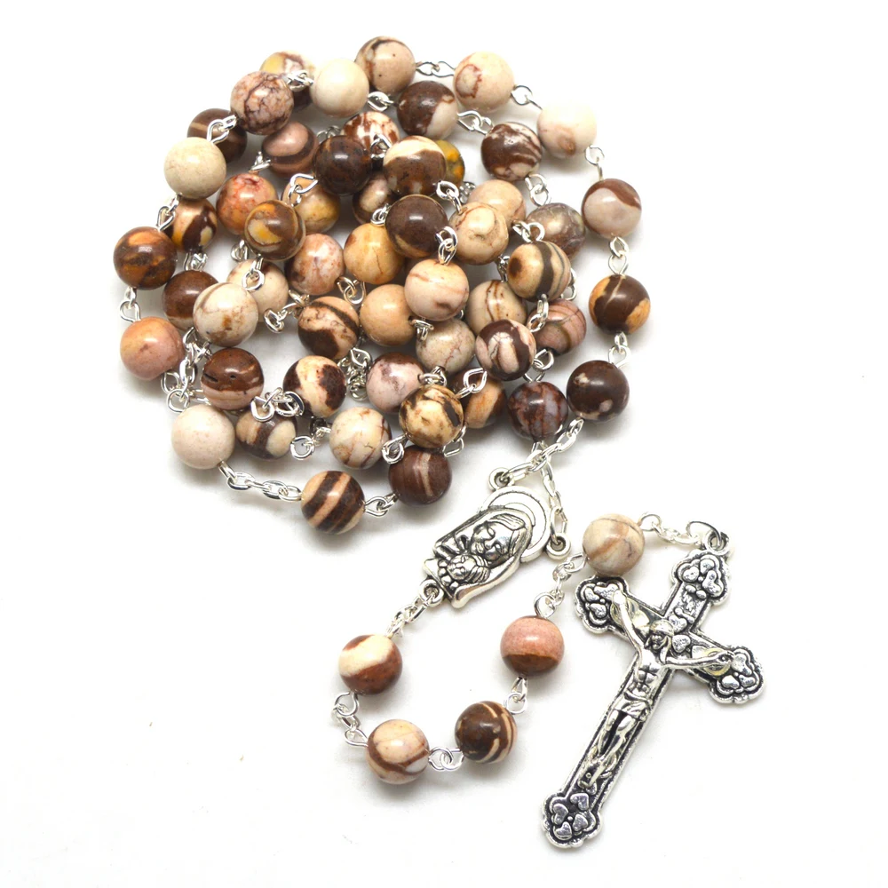 

Zebra Stone Beaded Catholic Rosary 8 mm Round Bead Religious Necklaces