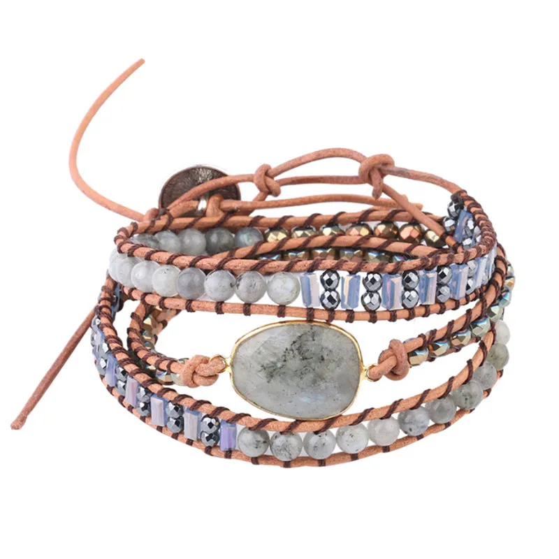 

2019 Labradorite Stone Leather Bracelet Mix Stones Beads Women Fashion 3 Layers Wrap Bracelet Boho Bracelet Jewelry Dropshipping
