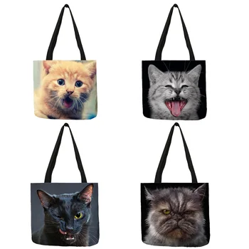 

3 D Vivid Cat Reusable Shopping Bag Women Casual Totes Bags With Print Linen Handbags