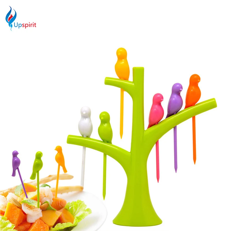 

Upspirit Tree Birds Design Rainbow Plastic Fruit Forks Set Party Dessert Cake Fruit Picks 1 Stand + 6 Forks Kitchen Accessories