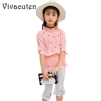 

Children Clothing Sets For Girls Chiffon Outfits Short Sleeve Pearl T-shirts & Wide Leg Pants 2pcs 2018 Summer Kids Clothes H100