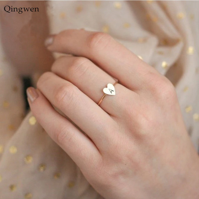 

Qingwen Lovers Hand Stamped Stacking A-Z Initial Gold Silver Ring Engraved Letter Rings for Women Gold Color Heart Rings CE0687