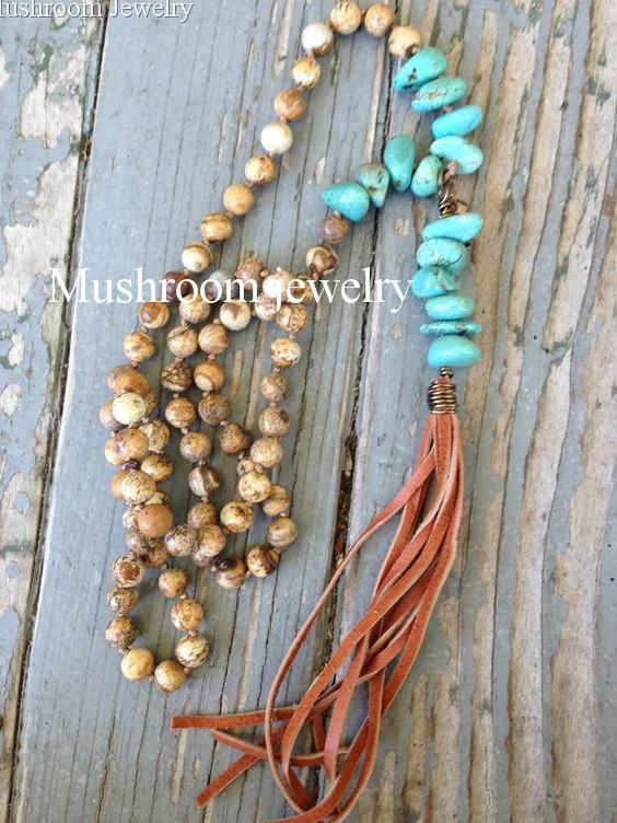 

Hand Knotted Picture Japer And Turquoises Slab Boho Chic Leather Necklace