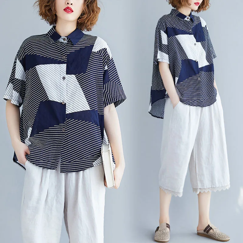 

Literary Asymmetrical Striped Design Women Shirts Loose Summer Irregular Top Femme Loose Turn Down Collar Linen Blouse Camisas