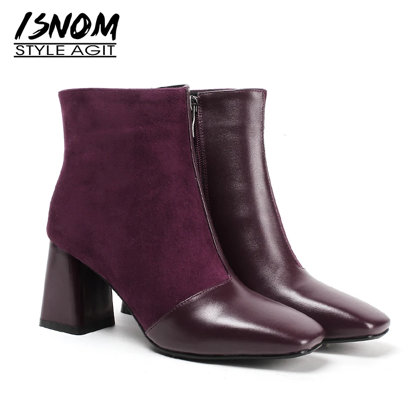 

ISNOM Genuine Leather Women Ankle Boots Square Toe Footwear High Heels Female Boot Kid Suede Fashion Shoes Woman Spring 2019