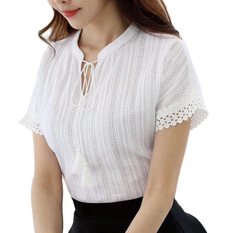 

High Quality 100% Cotton 2018 Summer New Women Fashion Lace Tops Shirts Solid Hollow Out Short Sleeve Casual Blouse Shirts