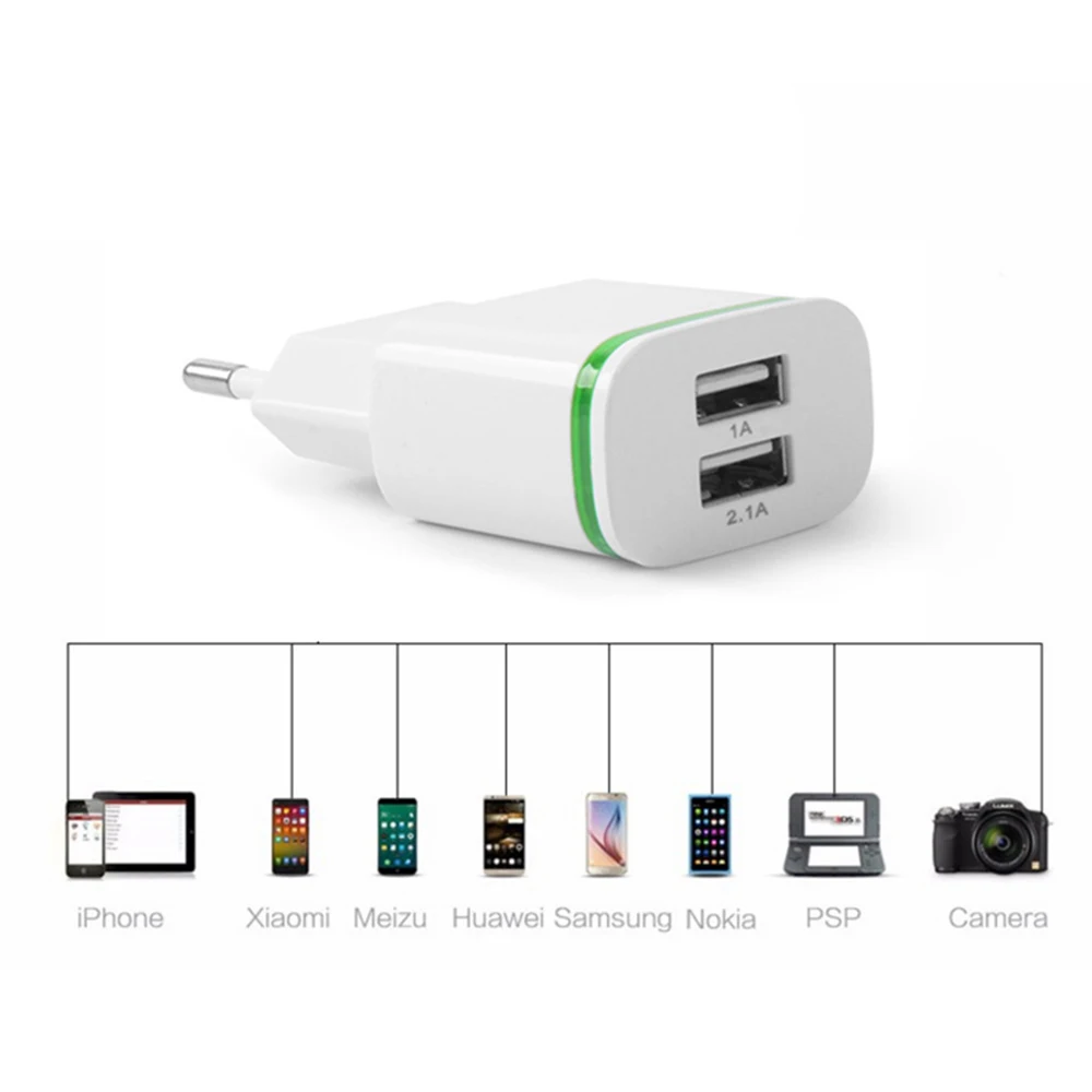 

Travel Charger EU Plug 2 Ports LED Light USB Charger 5V2A Wall Adapter Mobile Phone Micro Data Charging For iPhone iPad Samsung