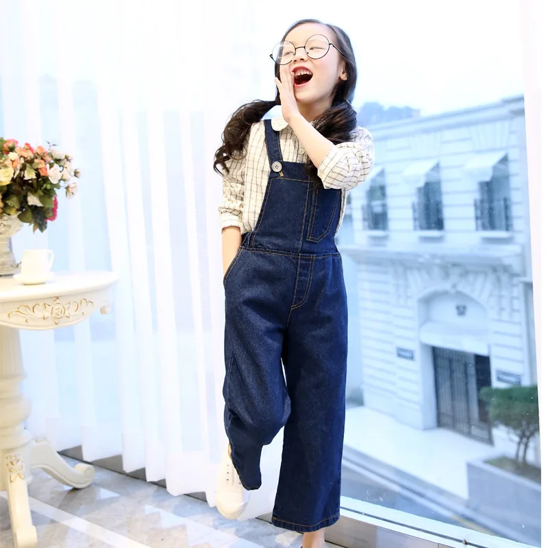 Весенне-осенний корейский джинсовый детский простой хлопковый комбинезон для девочек синий джинсовый комбинезон