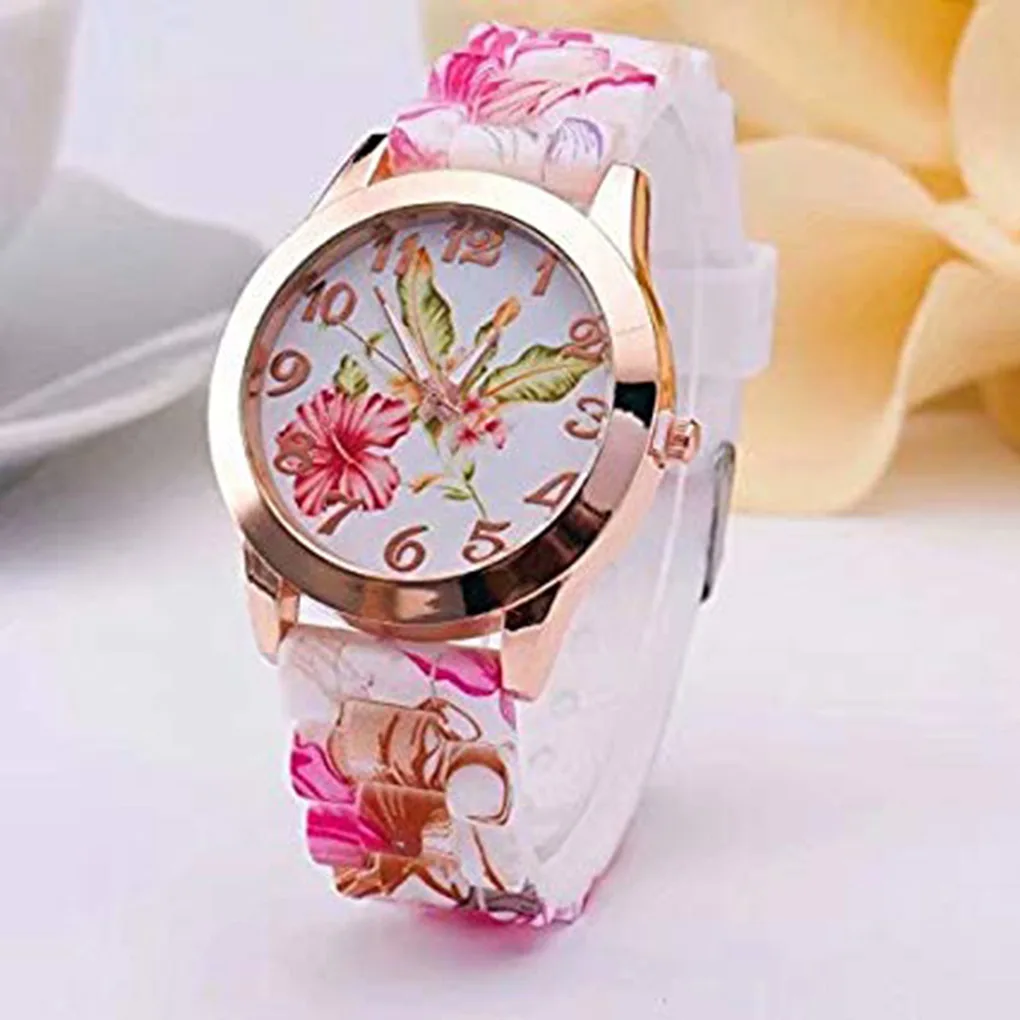 

Women Girls Round Dial Quartz Watch Sweety Flowers Silicone Strap Analog Wristwatch Gifts
