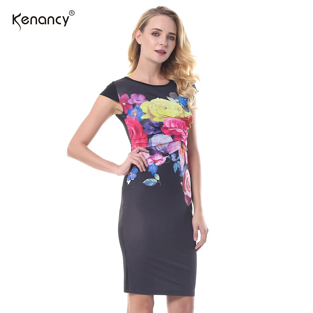 Kenancy Elegant Print Pencil Dress Women Summer Flower Floral Printed
